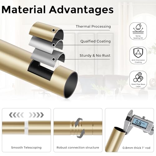 Modern Gold Curtain Rods for Windows 48 to 84 Inch, 1" Diameter Adjustable Heavy Duty Window Curtain Pole with Matte Gold End Cap Finials, Decorative Drapery Rods for Living Room, Bedroom