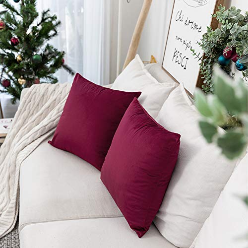 Set of 2 Comfortable Velvet Throw Pillow Cases, Decorative Solid Cushion Covers for Sofa Couch and Bed - 20"x20", Burgundy