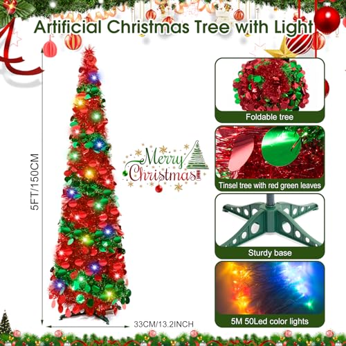 5Ft Pop Up Christmas Tree with Lights, Collapsible Pencil Tree Red Green, Skinny Christmas Tree Slim Xmas Tree, Artificial Tinsel Tree Foldable for Home Apartment Holiday Party Winter Decor