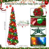 5Ft Pop Up Christmas Tree with Lights, Collapsible Pencil Tree Red Green, Skinny Christmas Tree Slim Xmas Tree, Artificial Tinsel Tree Foldable for Home Apartment Holiday Party Winter Decor