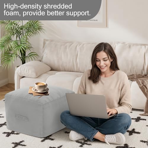 MeMoreCool Grid Square Pouf Ottoman Foot Rest 20x20x15 Inches, Light Grey