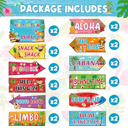 24 Pieces Luau Party Decorations Hawaiian Party Welcome Directional Sign Summer Tropical Party Sign for Luau Hawaiian Theme Party Decorations Birthday Party Supplies
