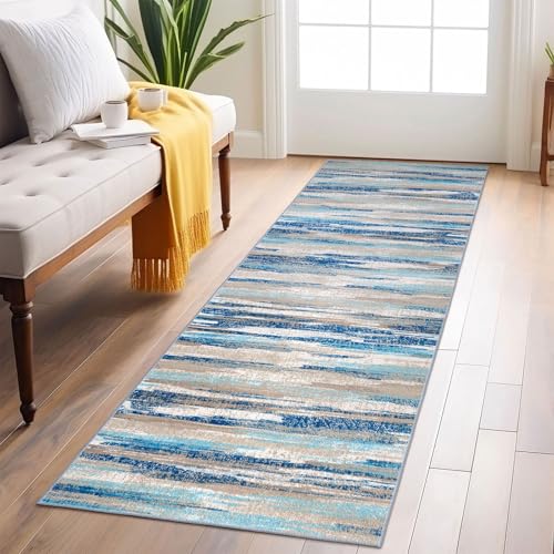 Lansny Abstract Runner Rug 2x6, Blue Washable Hallway Runner Rug Non-Slip, Soft Printed Kitchen Runner, Thin Faux Wool Runners for Hallways, Modern Floor Carpet for Entryway Bedroom Hall Indoor