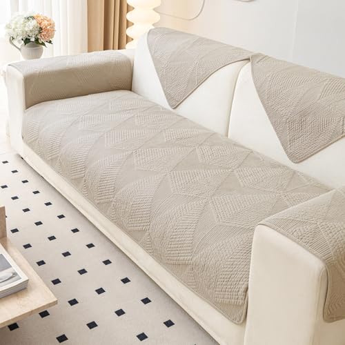vctops Farmhouse Solid Color Embroidery Sofa Couch Cover Cotton Quilted Sectional Couch Covers Washable Non Slip Sofa Slipcover for Dogs, Children, Pets Furniture Protector (Khaki,28"x28")