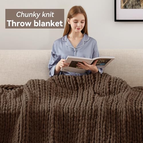Negwoo Chunky Knit Throw Blanket, 50''*60'' Knitted Throw Chenille Yarn for Bed Couch, Handmade Dark Brown Crochet Big Thick Blanket, Machine Washable Cute Comfy Blanket for Home Decor