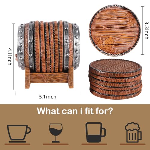 Whiskey Barrel Coasters Set 6 Full Size Non-Slip Cabin Decor Bar Coasters, for dad, Man Cave Gif – detail view