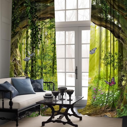 Enchanted Forest Blackout Curtains, 84 X 52 Inch, 2 Panels | Green Spring Tree Butterfly Scenic Nature, Woodland, Grommet Window Drapes, For Bedroom Living Room