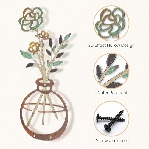 Mcdagogn 3 Pieces Metal Flowers Wall Decor - Rustic Farmhouse Wall Arts, Boho floral Minimalist Wall Decor for Living room Bathroom Bedroom laundry Room Kitchen Office - Housewarming Gifts