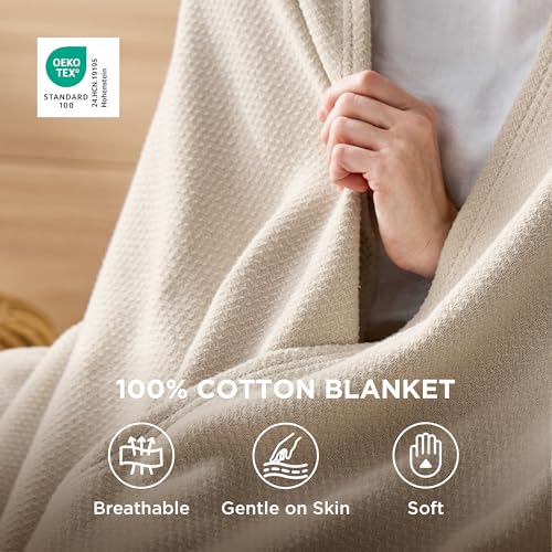 Bedsure GentleSoft 100% Cotton Large Throw Blanket for Couch 50x70 inches - Cooling Breathable and Lightweight, Soft Cozy Herringbone Woven Cotton Throw for Summer, Linen Beige Office Chair Blanket