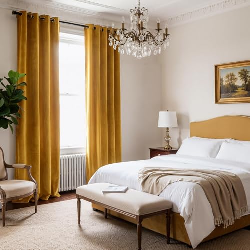 NICETOWN Gold Brown 90 inch Long Velvet Curtains & Drapes for Spring - Thermal Insulating Soft Yellow Window Treatments for Bedroom Living Room Sliding Glass Door, W52 x L90, 2 Panels
