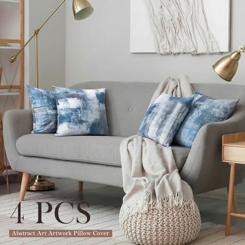 Set of 4 Blue and Grey Abstract Art Artwork Pillow Cover 18 x 18 Inch, Gallery Modern Decorative Throw Pillows Cushion Cover for Bedroom Sofa Living Room
