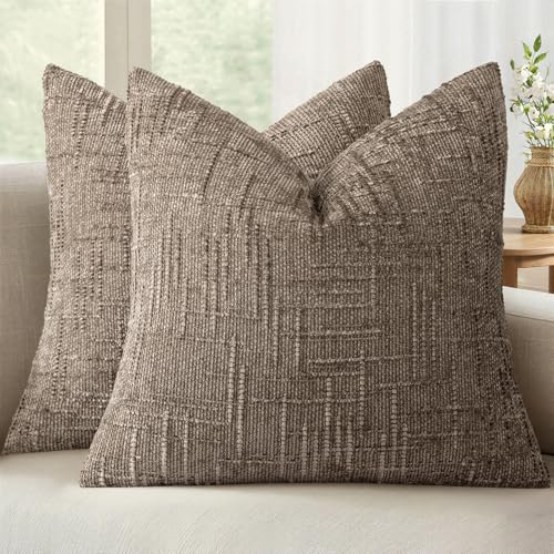 MIULEE Textured Throw Pillow Covers Thick Chenille Decorative Pillows Taupe Grey 18x18 Inch Set of 2 Modern Boho Farmhouse Home Decor Neutral Cushion Covers for Couch Sofa Living Room Bedroom