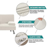 4 Pieces Stretch Futon Covers Sofa Bed Slipcover with Removable Armrests and Cupholders Covers Furniture Protector High Spandex Small Checks Jacquard Fabric (New Ivory)