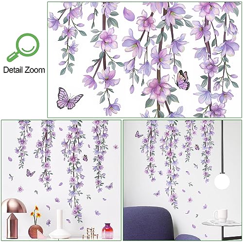 Hanging Creative Removable DIY Purple Flower and Vines Some Flying Butterfly Wall Sticker Waterproof Vinyl Wall Decal Decor for Home Girls Bedroom Kids Room Bedroom Living Room Wall Corner
