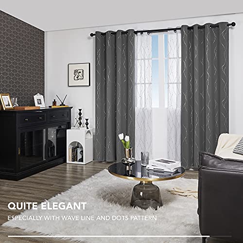 Deconovo Blackout Curtains, Light Grey Thermal Grommet Drapes, Silver Wave Dots Foil Print, Thermal Window Panels, 52" W x 84" L, 2 Panels, for Bedroom Living Room Nursery Office