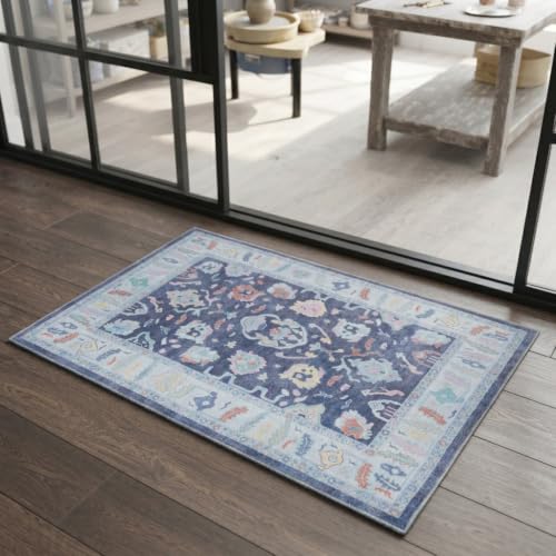 Fame Rugs Modern Oushak Rug 2x3, Vintage Turkish Navy Blue Oriental Antique Inspired Area Rugs, Washable Foldable Luxury Living Room Bedroom (388NB, 2' x 3')