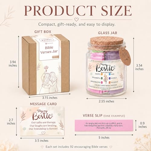 Bestie Bible Verses Jar – Birthday Gifts for Friends, Graduation Gifts for Bestie, Color Coded Bible Verses, Faith Based Friendship Gift for Women