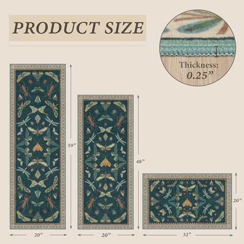 Vintage Insect Kitchen Rug Set of 3, Teal Washable Non-Slip Mats