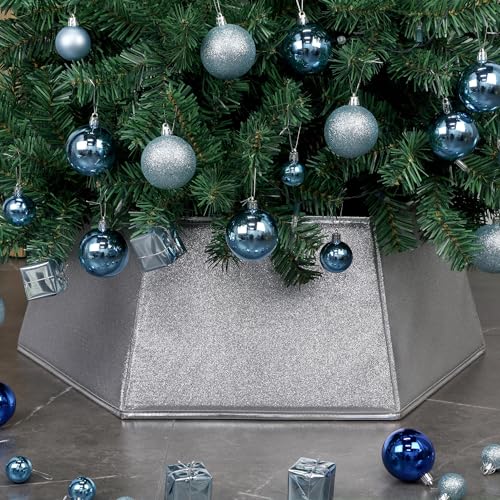 Blissun Fabric Christmas Tree Collar, Hexagonal Christmas Tree Ring, Glittering Willow Christmas Tree Skirt for Tree Decorations (Glitter Silver)