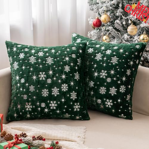 MIULEE Christmas Decorations Pillow Covers 16x16 Green Silver Snowflake