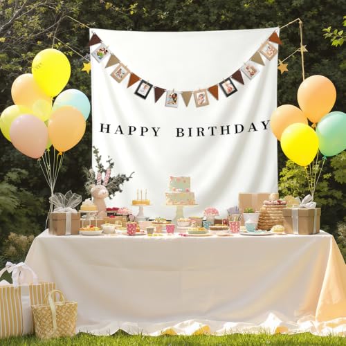 59x59 Inch Happy Birthday Tapestry Boho Minimalist Wall Banner with 10 Photo Frames White Fabric Wall Flag Indoor Outdoor Yard Birthday Party Decor
