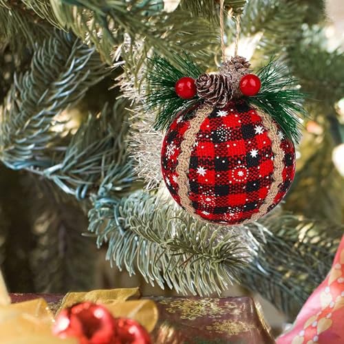 Iceyyyy 9PCS Christmas Plaid Ball Ornaments - 2 Inch Black & Red Buffalo Plaid Fabric Ball Ornaments with Pine Cones and Greenery, Plaid Christmas Tree Hanging Balls Ornament Festive Decoration