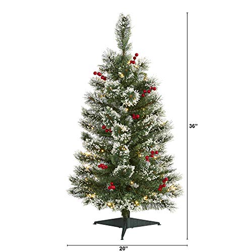 Nearly Natural 3ft Artificial Swiss Pine Christmas Tree Frosted with 50 Clear LED Lights and Berries