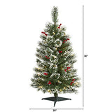 Nearly Natural 3ft Artificial Swiss Pine Christmas Tree Frosted with 50 Clear LED Lights and Berries