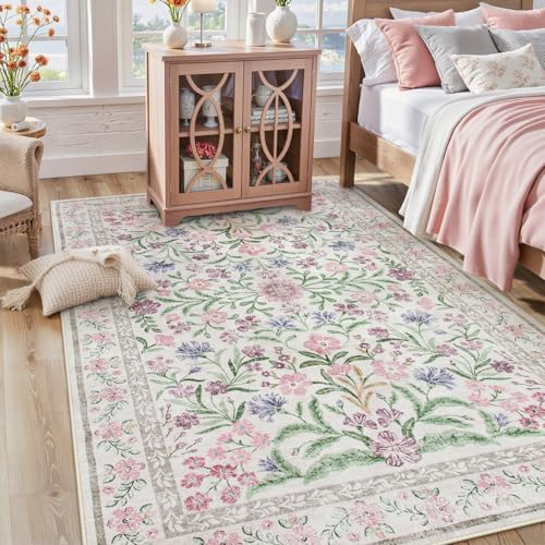 Lahome Boho Purple Floral 5x7 Area Rugs, Washable Rugs for Bedroom Nursery