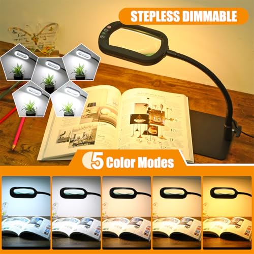 Veemagni 12X Rectangle Magnifying Glass with Light and Stand, Flexible Gooseneck LED Lighted Desk Lamp, 5 Color Modes Stepless Dimmable, Hands Free Magnifier for Reading Crafts Painting Close Work