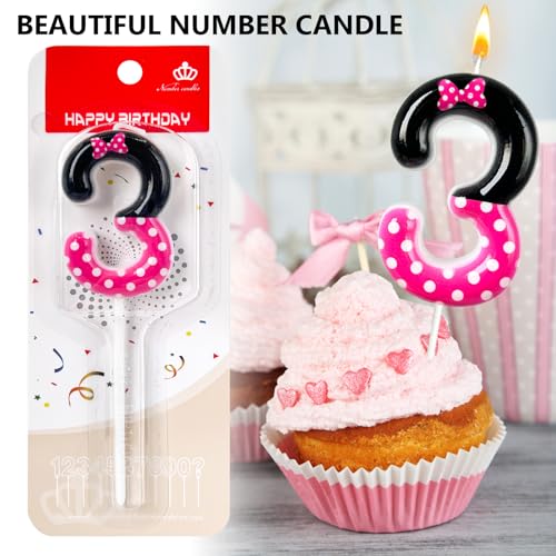 3rd Pink Black Birthday Candles for Girls，Number Birthday Decorations for Girls，Pink Mouse Cake Topper Cupcake Decor，Cartoon Themed Birthday Party Decorations Supplies