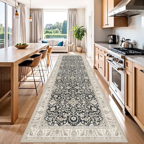 4x12 Rug Runner Non Slip: Washable Area Rugs for Wide Hallway - Soft Vintage Farmhouse Runners for Kitchen Bedroom Dining Room Living Room Office - Stain Resistant Low-Pile Thin Carpet Black Beige