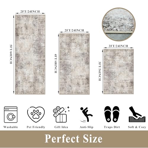 Kitchen Mats for Floor 3 Piece Set,Non-Slip Washable Kitchen Mats for Hardwood Floor, Boho Farmhouse Runner Rug for Sink,Entryway & Hallway & Bathroom (Brown Grey Beige, 2x3+2x4+2x5)