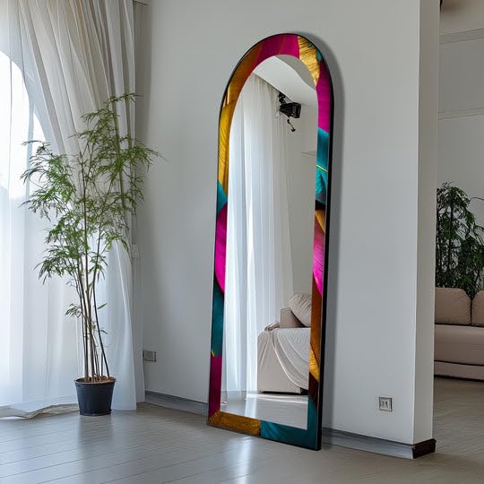 23,5’’W x 67’’H Obsidian Echo – Black Marble Texture Floor Mirror Full Lenght Mirror - Arched Full Lenght Mirror - Arch Full Body Stained Floor Mirror with Black Frame