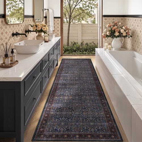 Washable Hallway Runner Rug 3'x8', Vintage Old Money, Dark Blue