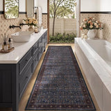 Washable Hallway Runner Rug 3'x8', Vintage Old Money, Dark Blue