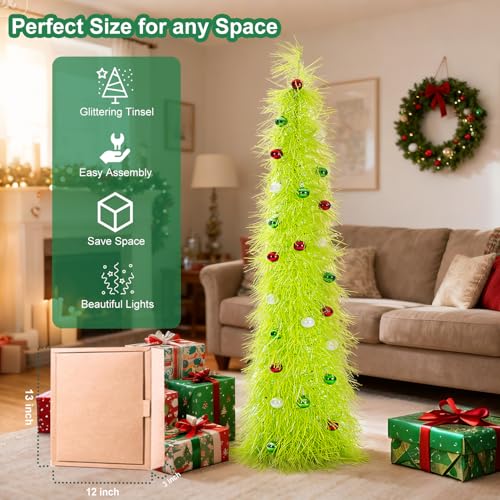 BrilliantJo Christmas Tree 5ft Valentines Day with Light Balls Ornaments Hairy Pop Up Pencil Tinsel Collapsible Stand for Xmas Holiday Party Decorations, Home Office Display Decor, Fruit Green