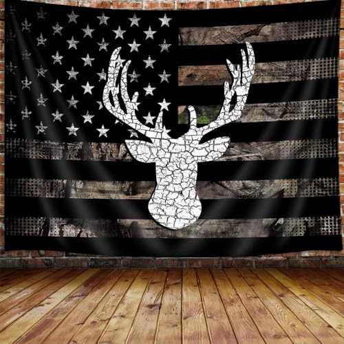 VEIGIKE American Flag Hunting Tapestry, Western Black and White Country Deer Tapestry Wall Hanging for Men Bedroom Room, Rustic Camo Tapestries Poster Blanket College Dorm Home Decor 60X40 Inches