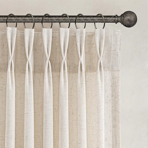 Linen Pinch Pleated Curtains 84 Inch Length for Living Room 2 Panels Semi Sheer Curtain with Hooks Neutral Boho Farmhouse Light Filtering Privacy Window Drapes for Bedroom Natural Cream Beige 52x84