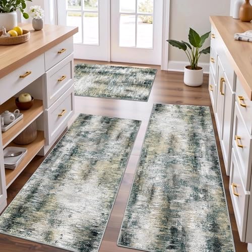 Upgrade Non Slip Kitchen Rugs Sets of 3 Washable Kitchen Mats for Floor Abstract Kitchen Runner Rug Soft Floor Mat Set Kitchen Carpet Rugs for Hallway, Laundry, Sink, Entryway, Black Grey/Gold
