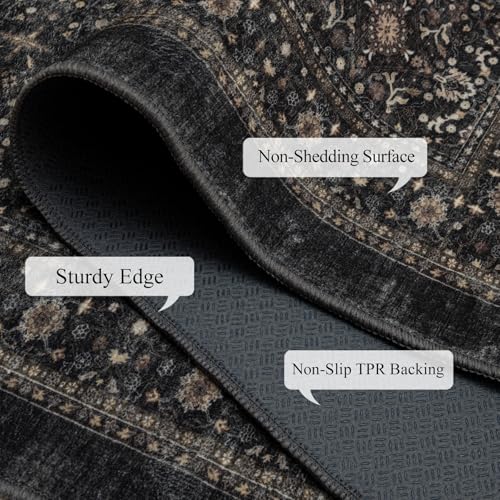 Ruaruarug Washable Area Rug Runner 2×6 for Kitchen Living Room Bedroom, Ultra Soft Non Slip Stain & Fade Resistant, Pet & Kids Friendly, Suitable for High Traffic Areas Easy to Clean, Black Grey