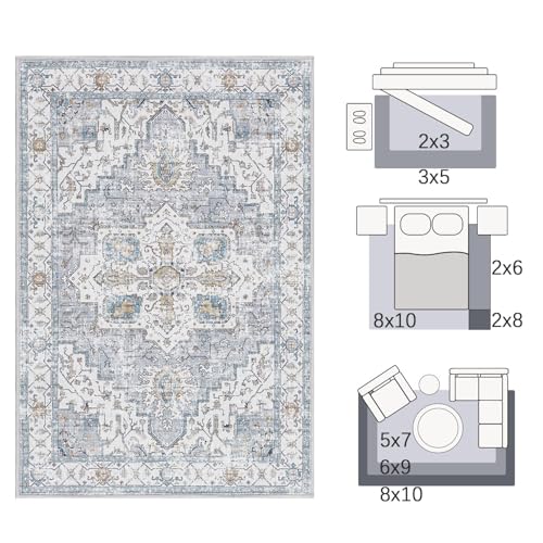 jinchan 6x9 Vintage Medallion Washable Area Rug, Blue/Gray