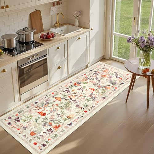 nesrt Cute Runner Rugs for Hallway 2x6ft, Non Slip Fantasy Kitchen Rug Washable, Soft Thin Jungle Fox Bedside Runners, Cute Woodland Accent Floor Carpet for Bedroom Hall Bathroom Laundry (Beige)