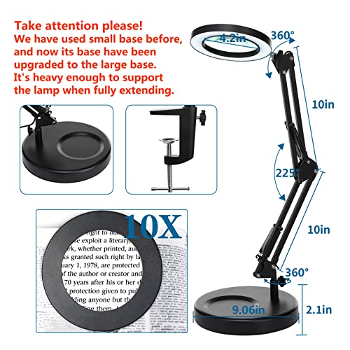 HITTI 10X Magnifying Glass with Light, 1,800 Lumens Stepless Dimmable, 3 Color Modes, 4.2″ Real Glass Lens LED Desk Lamp & Clamp, Magnifier Light and Stand for Crafts, Soldering, Fly Tying, Close Work