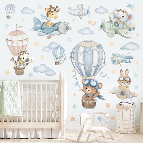wondever Watercolor Hot Air Balloon Animals Wall Stickers Airplane Bear Elephant Cloud Peel and Stick Wall Art Decals for Kids Baby Nursery Bedroom