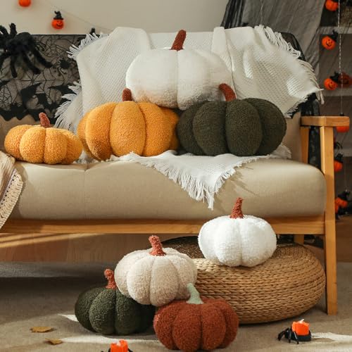 YRXRUS Pumpkin Pillows, Thanksgiving Pumpkin Pillow Set of 2, Off White Throw Pillows Fall Room Decoration, Teddy Fleece 6x12&4x7 Inches Accent Cushion Gifts for Holiday