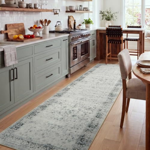 Washable Hallway Runner Rug 2.5x10, Gray Vintage Runner Rug Non Slip, Soft Distressed Long Indoor Carpet Runner for Kitchen Foyer Entryway Bedside Laundry Room Bathroom, 10 Foot Runner