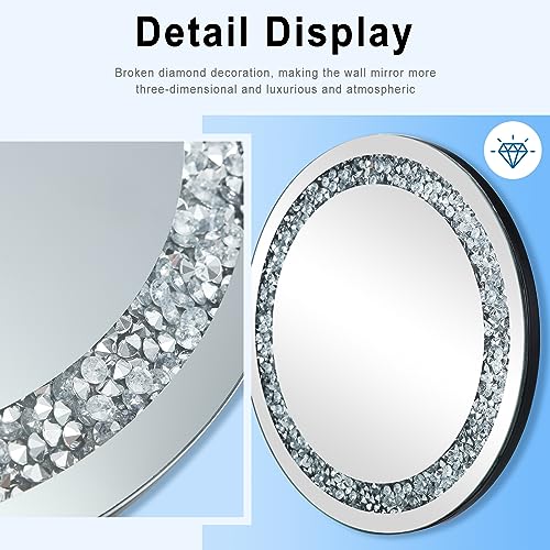 24 Inch Crushed Diamond Round Glass Wall Mirror, Bathroom Mirror, Wall Decoration Hanging Mirror, Suitable for Living Room, Bedroom, Vanity