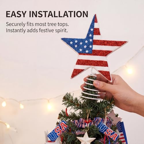 Gejoy 6 Inch 4th of July Tree Topper 250th Anniversary Glitter Star Tree Topper Patriotic American Flag Red White Blue Trees Decor for Indoor Outdoor Home Office Independence Day Memorial Day Decor