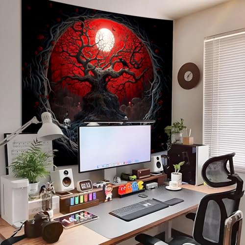Atrippy Halloween Black Red Anime Tapestry, Gothic Dark Forest Moon Wall Hanging, Nature Skull Withered Tree Landscape Tapestries for Bedroom Living Room Men Dorm 51x 60 Inches